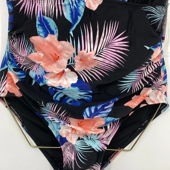 DKNY One Piece Swimsuit Women Size XL Black Pink Floral Halter Tie Neck Swimwear - Picture 3 of 10